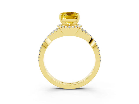 Yellow gold Cushion Cut Yellow Sapphire Halo Twist Band Solitaire Prong Setting Ring_27