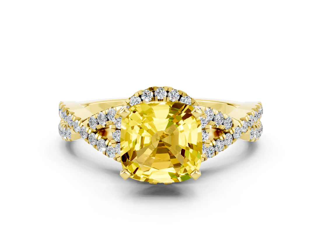Yellow gold Cushion Cut Yellow Sapphire  Halo Twist Band Solitaire Prong Setting Ring_42