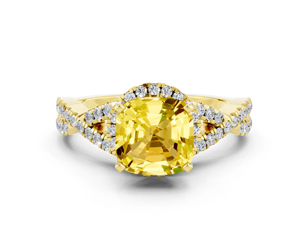 Yellow gold Cushion Cut Yellow Sapphire  Halo Twist Band Solitaire Prong Setting Ring