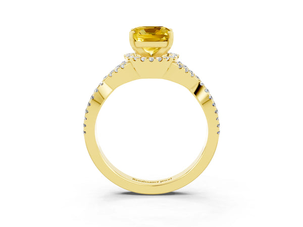 Yellow gold Cushion Cut Yellow Sapphire  Halo Twist Band Solitaire Prong Setting Ring