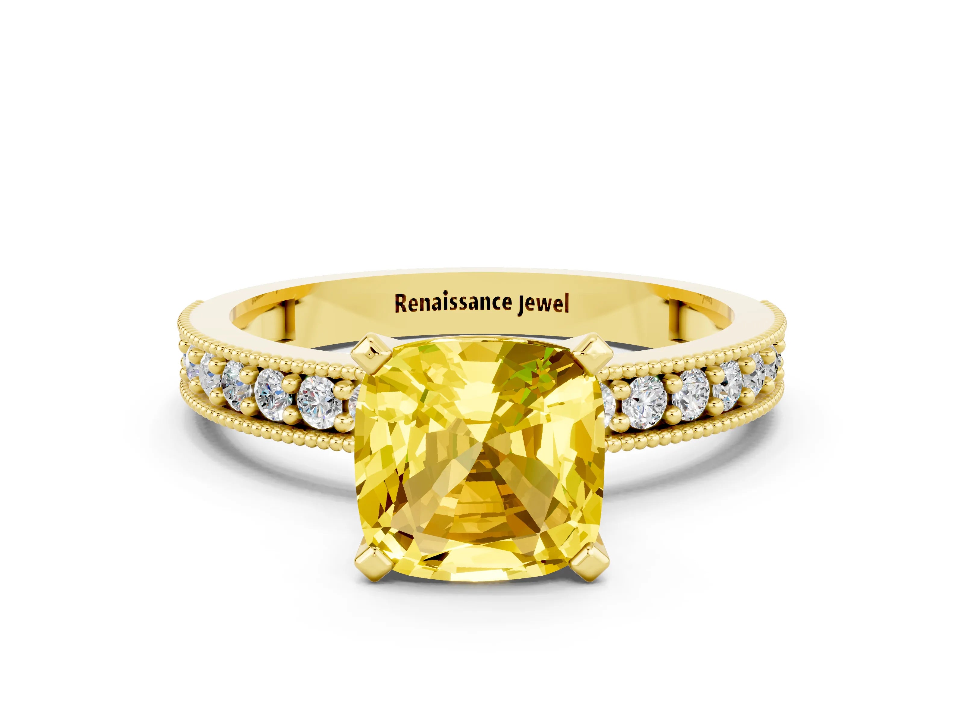 Yellow gold Cushion Cut Yellow Sapphire Milgrain Pavé Engagement Ring with Four-Prong Setting_36