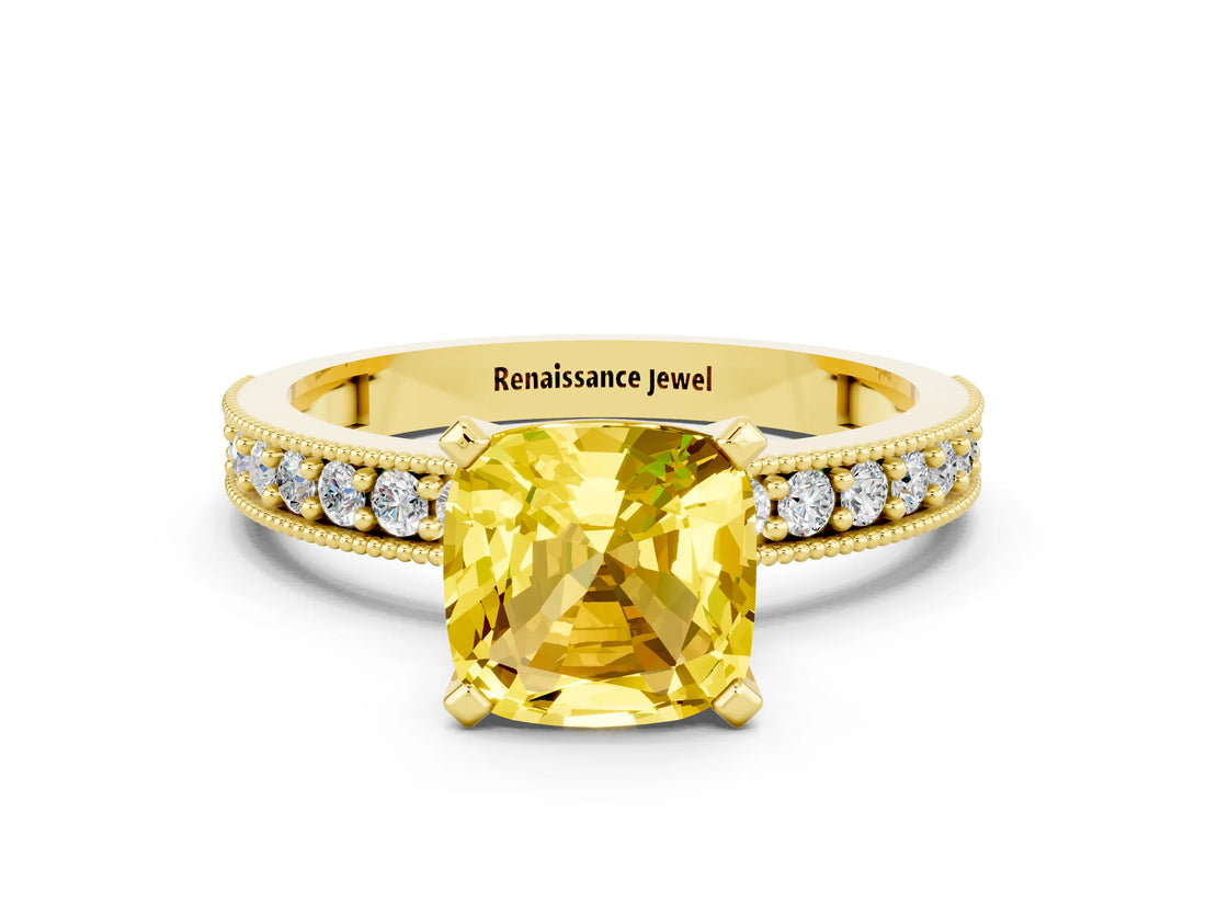 Yellow gold Cushion Cut Yellow Sapphire Milgrain Pavé Engagement Ring with Four-Prong Setting_36