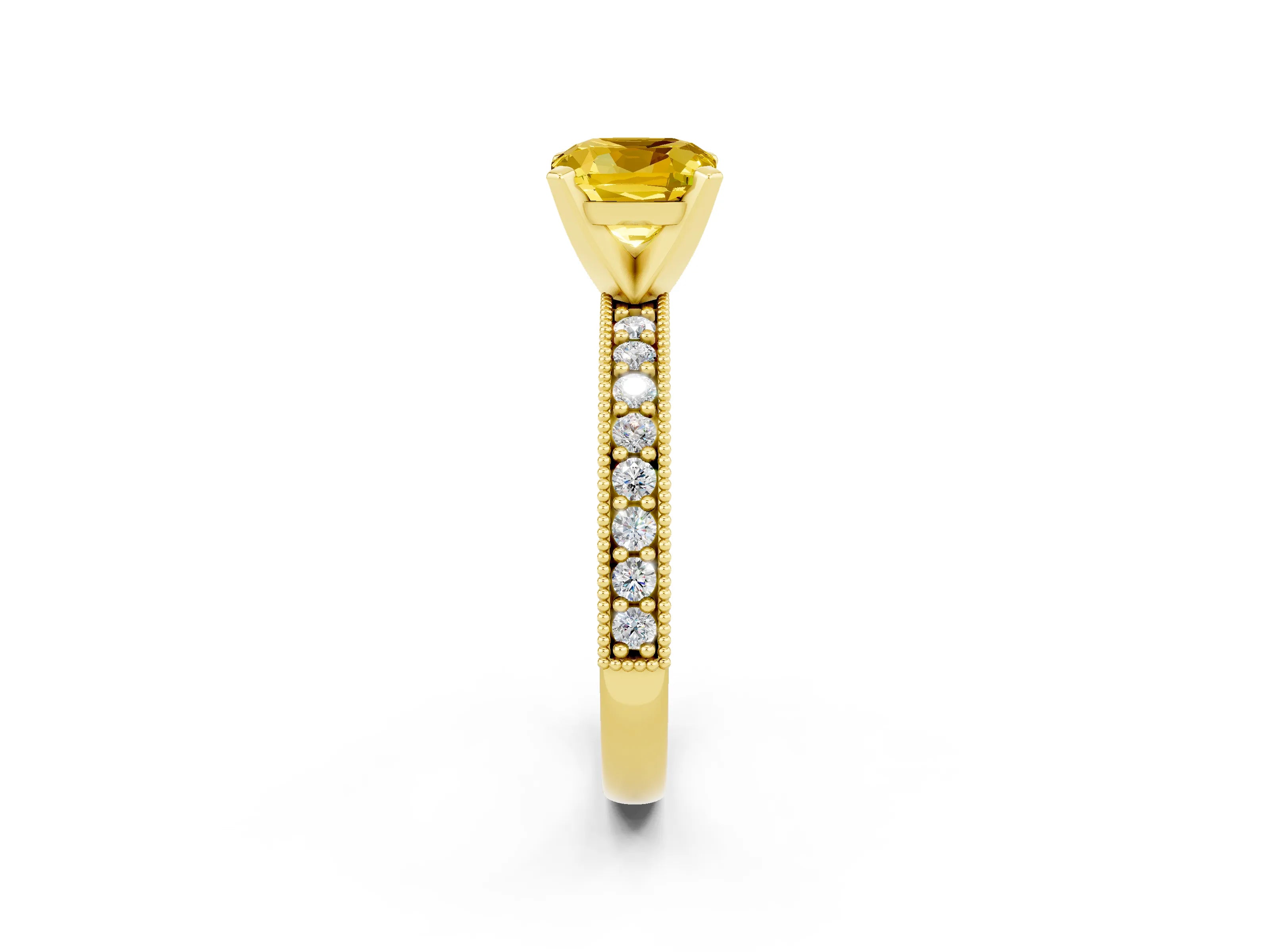 Yellow gold Cushion Cut Yellow Sapphire Milgrain Pavé Engagement Ring with Four-Prong Setting_38