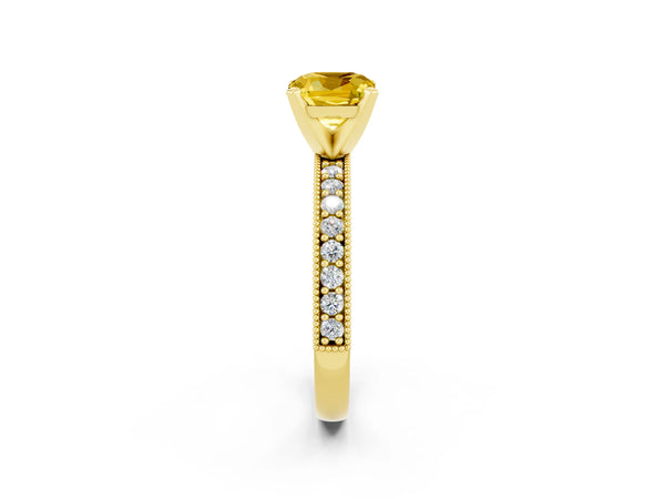 Yellow gold Cushion Cut Yellow Sapphire Milgrain Pavé Engagement Ring with Four-Prong Setting