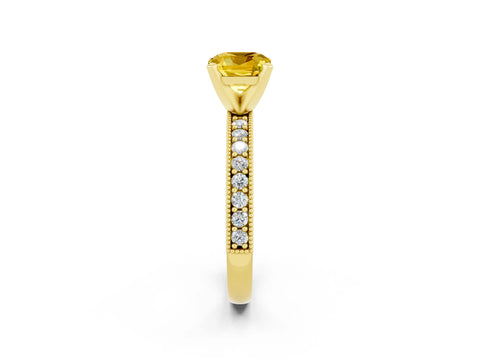 Yellow gold Cushion Cut Yellow Sapphire Milgrain Pavé Engagement Ring with Four-Prong Setting_38