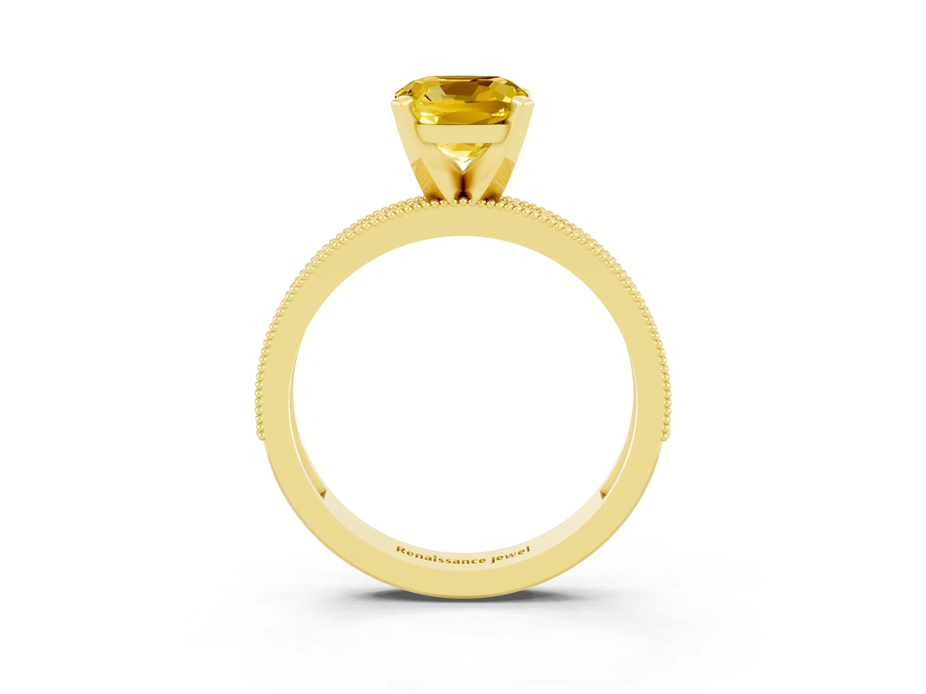 Yellow gold Cushion Cut Yellow Sapphire Milgrain Pavé Engagement Ring with Four-Prong Setting_39