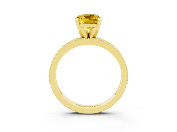 Yellow gold Cushion Cut Yellow Sapphire Milgrain Pavé Engagement Ring with Four-Prong Setting