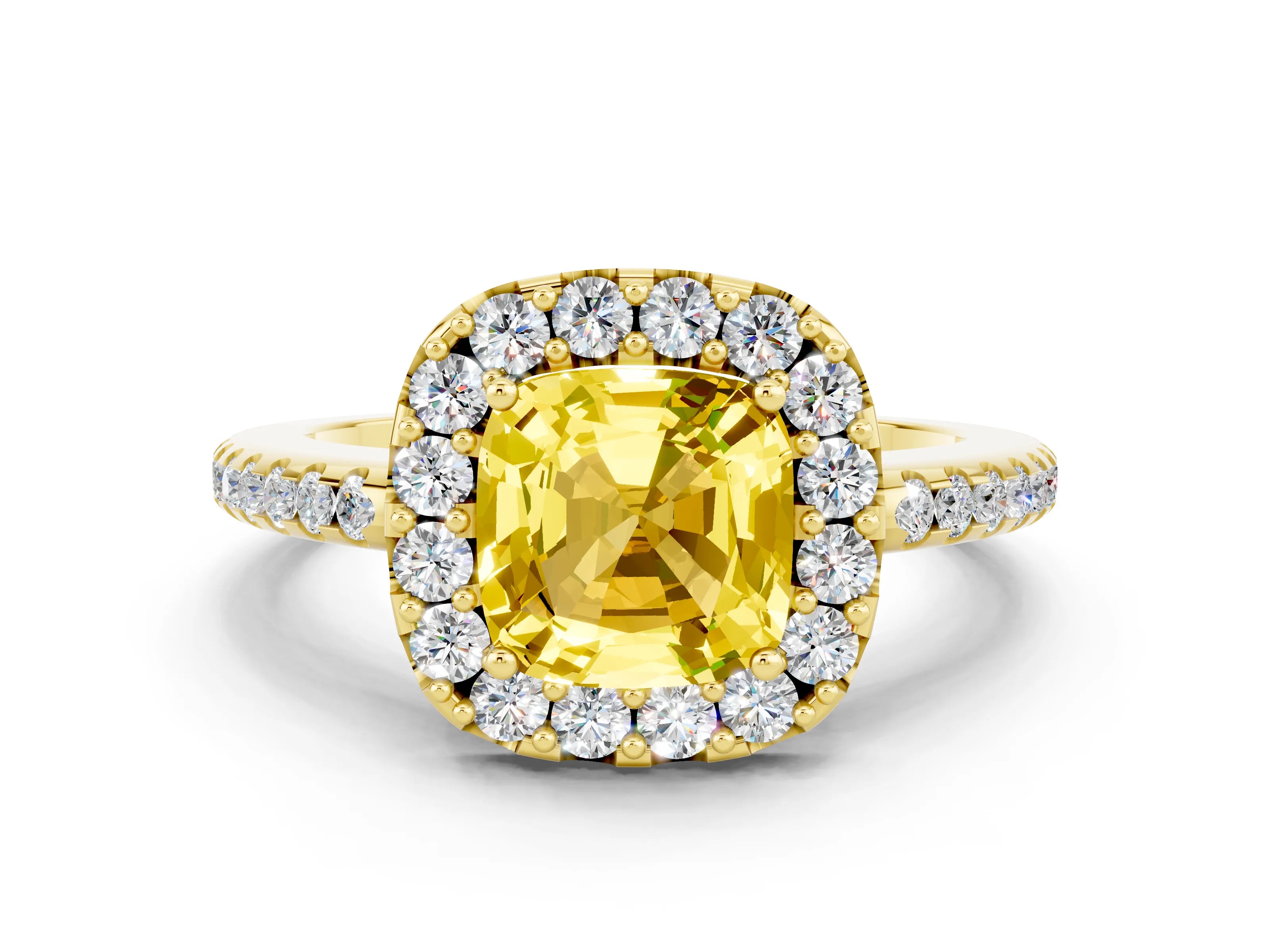 Yellow gold Cushion Cut Yellow Sapphire Pavé Halo Ring with Four-Prong Setting_12