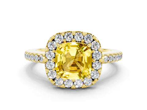 Yellow gold Cushion Cut Yellow Sapphire Pavé Halo Ring with Four-Prong Setting_12