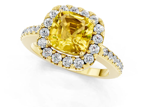 Yellow gold Cushion Cut Yellow Sapphire Pavé Halo Ring with Four-Prong Setting_13