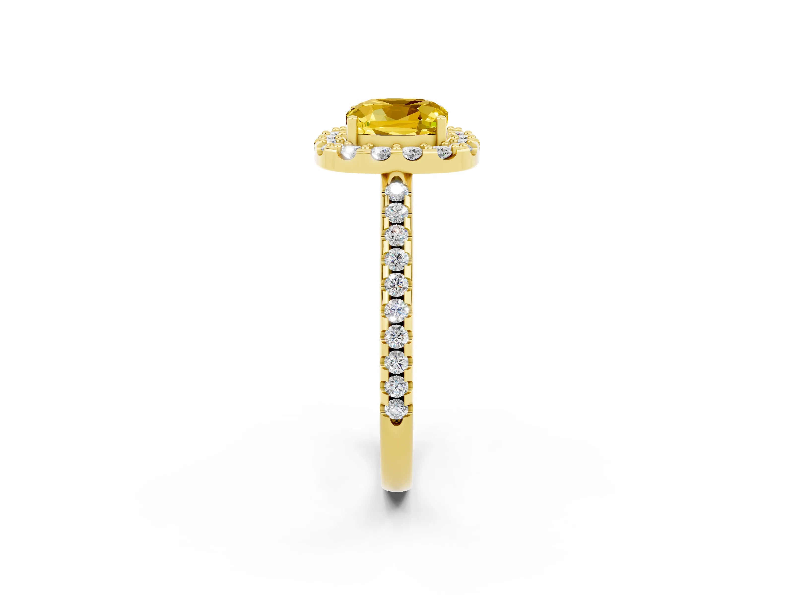Yellow gold Cushion Cut Yellow Sapphire Pavé Halo Ring with Four-Prong Setting_14