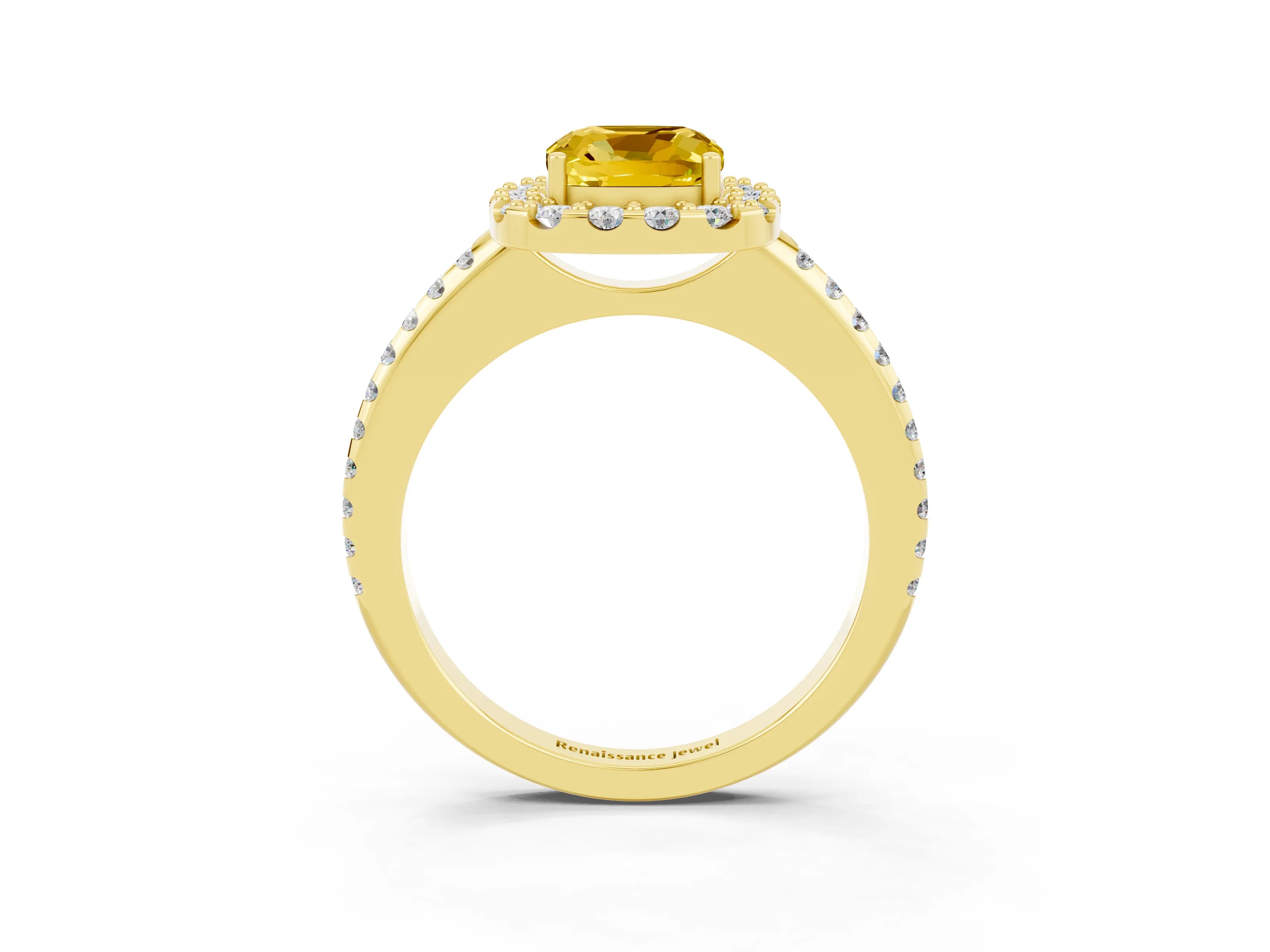 Yellow gold Cushion Cut Yellow Sapphire Pavé Halo Ring with Four-Prong Setting_15