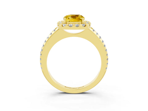 Yellow gold Cushion Cut Yellow Sapphire Pavé Halo Ring with Four-Prong Setting_15