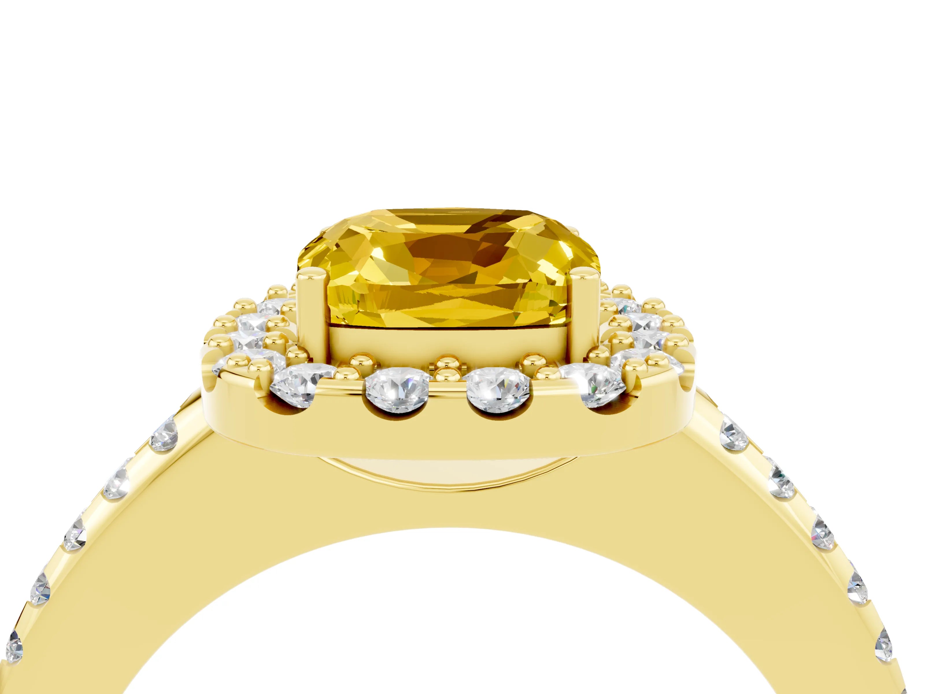 Yellow gold Cushion Cut Yellow Sapphire Pavé Halo Ring with Four-Prong Setting_16