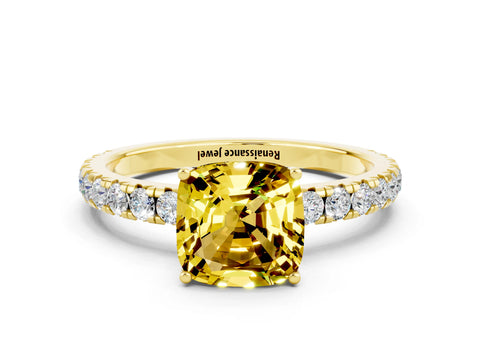 Yellow gold Cushion Cut Yellow Sapphire Pavé Solitaire Engagement Ring with Four-Prong Setting_12