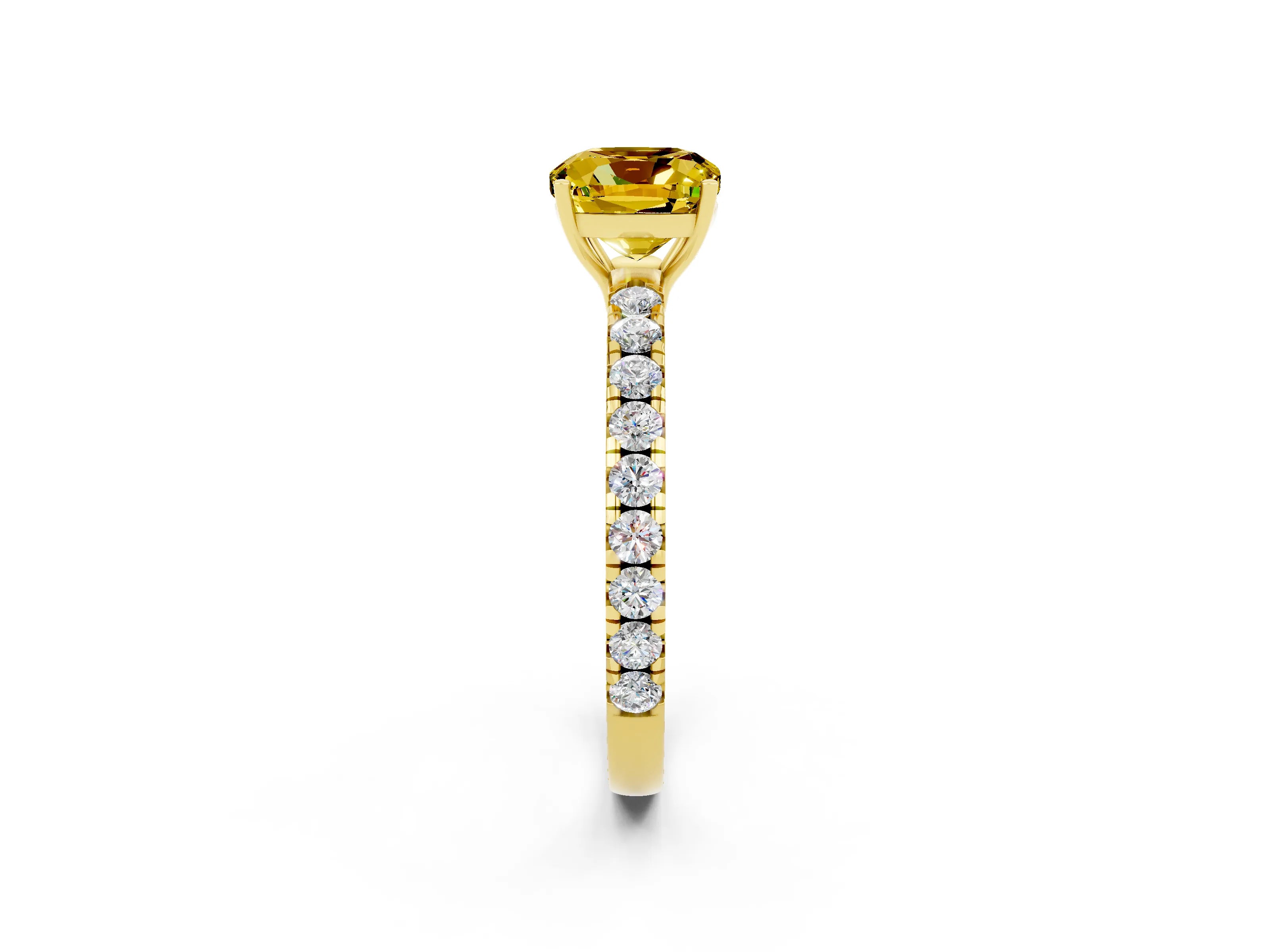 Yellow gold Cushion Cut Yellow Sapphire Pavé Solitaire Engagement Ring with Four-Prong Setting_14