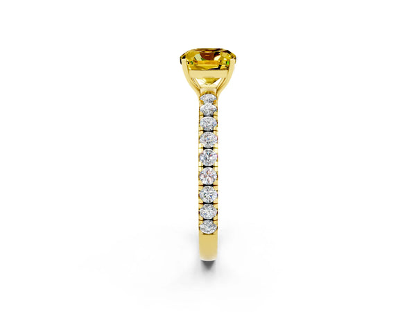 Yellow gold Cushion Cut Yellow Sapphire Pavé Solitaire Engagement Ring with Four-Prong Setting