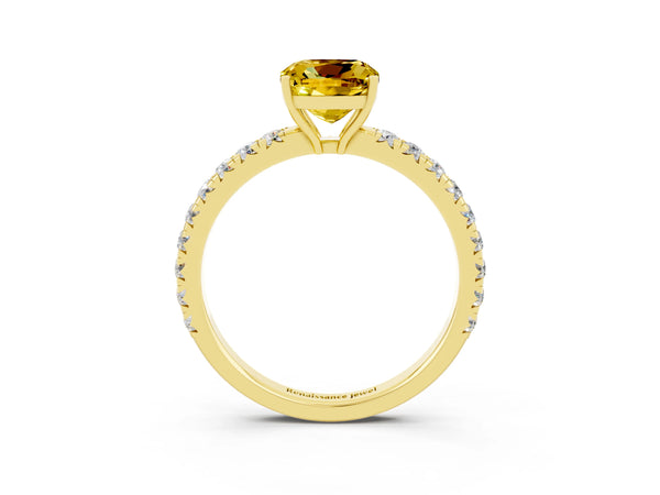 Yellow gold Cushion Cut Yellow Sapphire Pavé Solitaire Engagement Ring with Four-Prong Setting