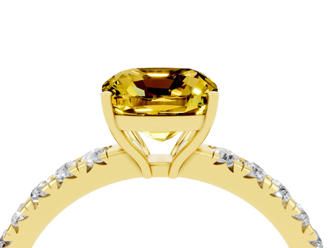 Yellow gold Cushion Cut Yellow Sapphire Pavé Solitaire Engagement Ring with Four-Prong Setting_16