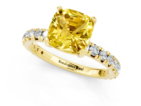 Yellow gold Cushion Cut Yellow Sapphire Pavé Solitaire Ring with Round Band and Prong Setting