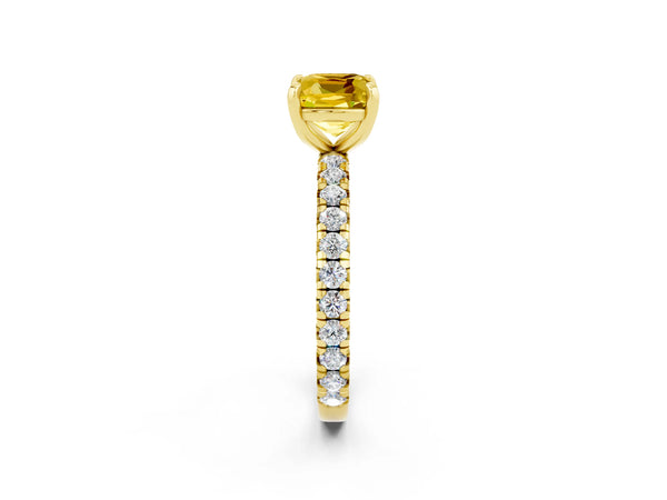 Yellow gold Cushion Cut Yellow Sapphire Pavé Solitaire Ring with Round Band and Prong Setting