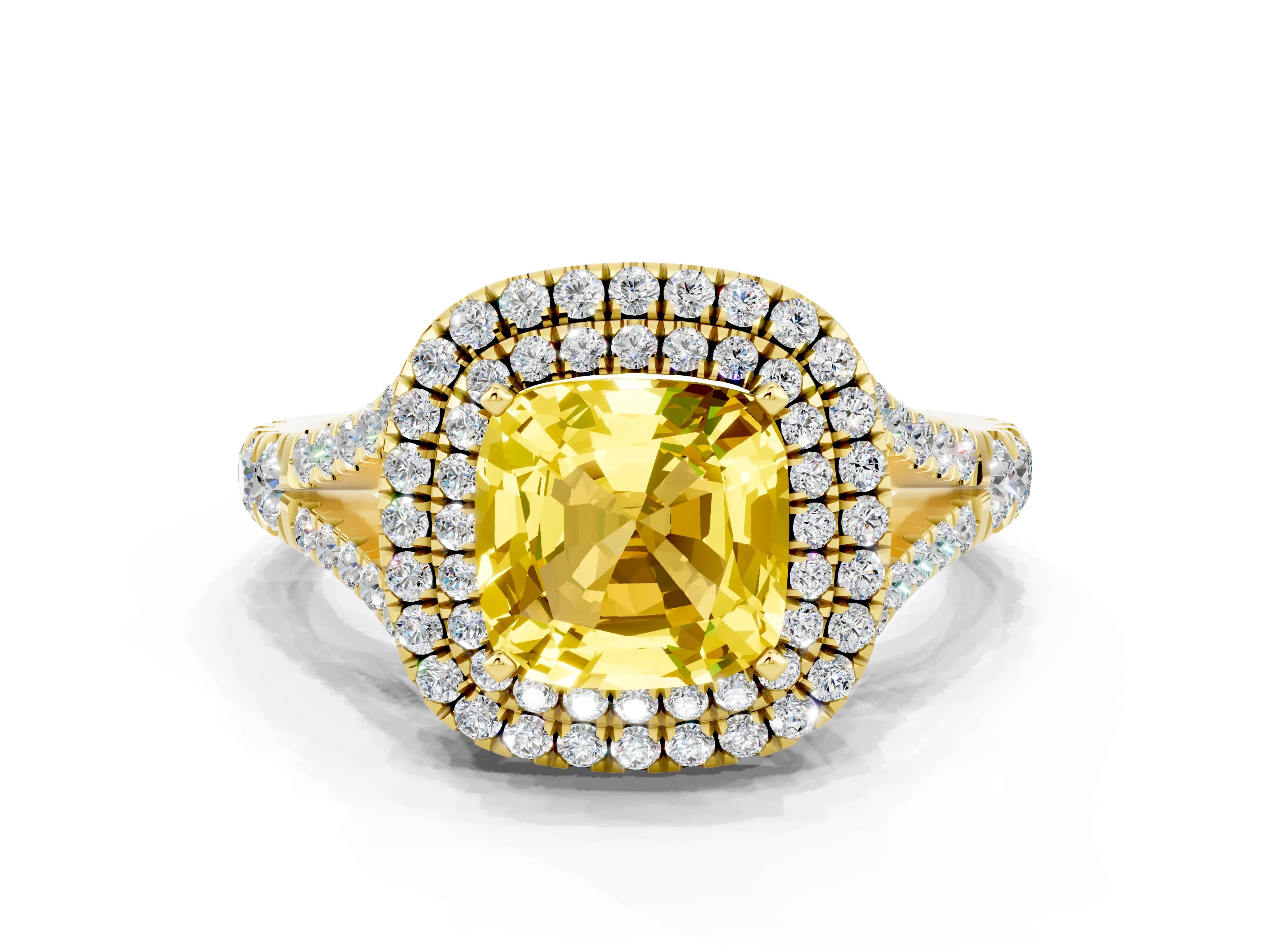 Yellow gold Cushion Cut Yellow Sapphire Pavé Split Shank Double Halo Engagement Ring