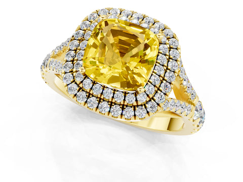 Yellow gold Cushion Cut Yellow Sapphire Pavé Split Shank Double Halo Engagement Ring_1