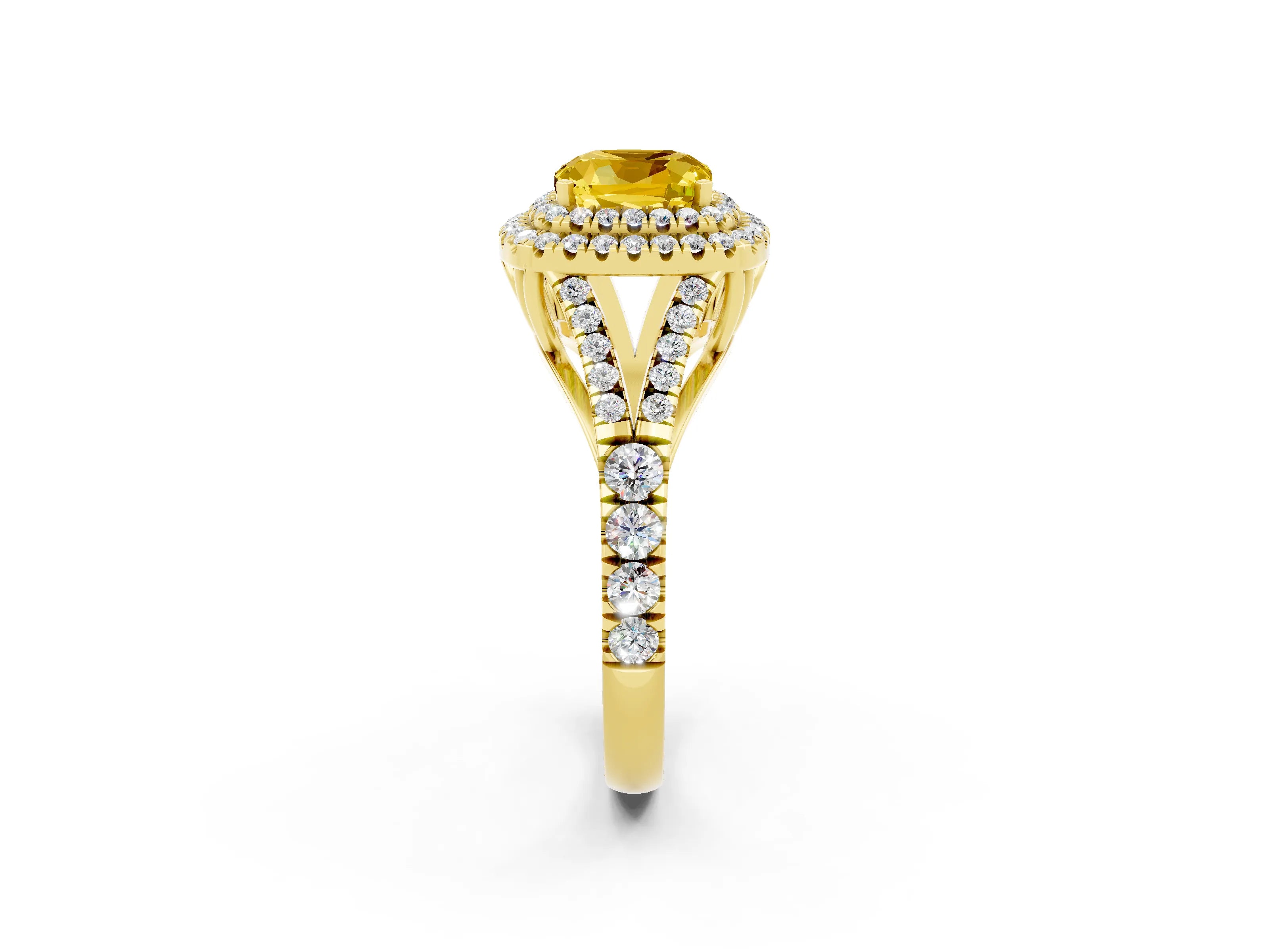 Yellow gold Cushion Cut Yellow Sapphire Pavé Split Shank Double Halo Engagement Ring_2