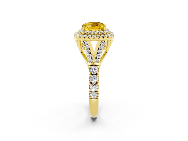 Yellow gold Cushion Cut Yellow Sapphire Pavé Split Shank Double Halo Engagement Ring
