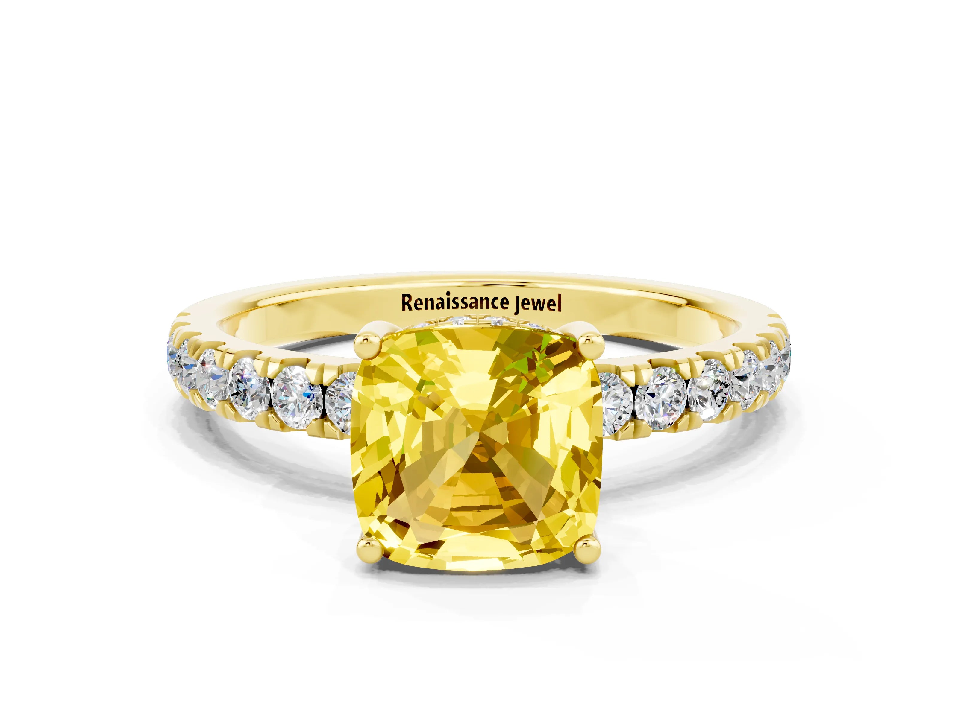 Yellow gold Cushion Cut Yellow Sapphire Pave Band Solitaire Ring with Four-Prong Setting_60