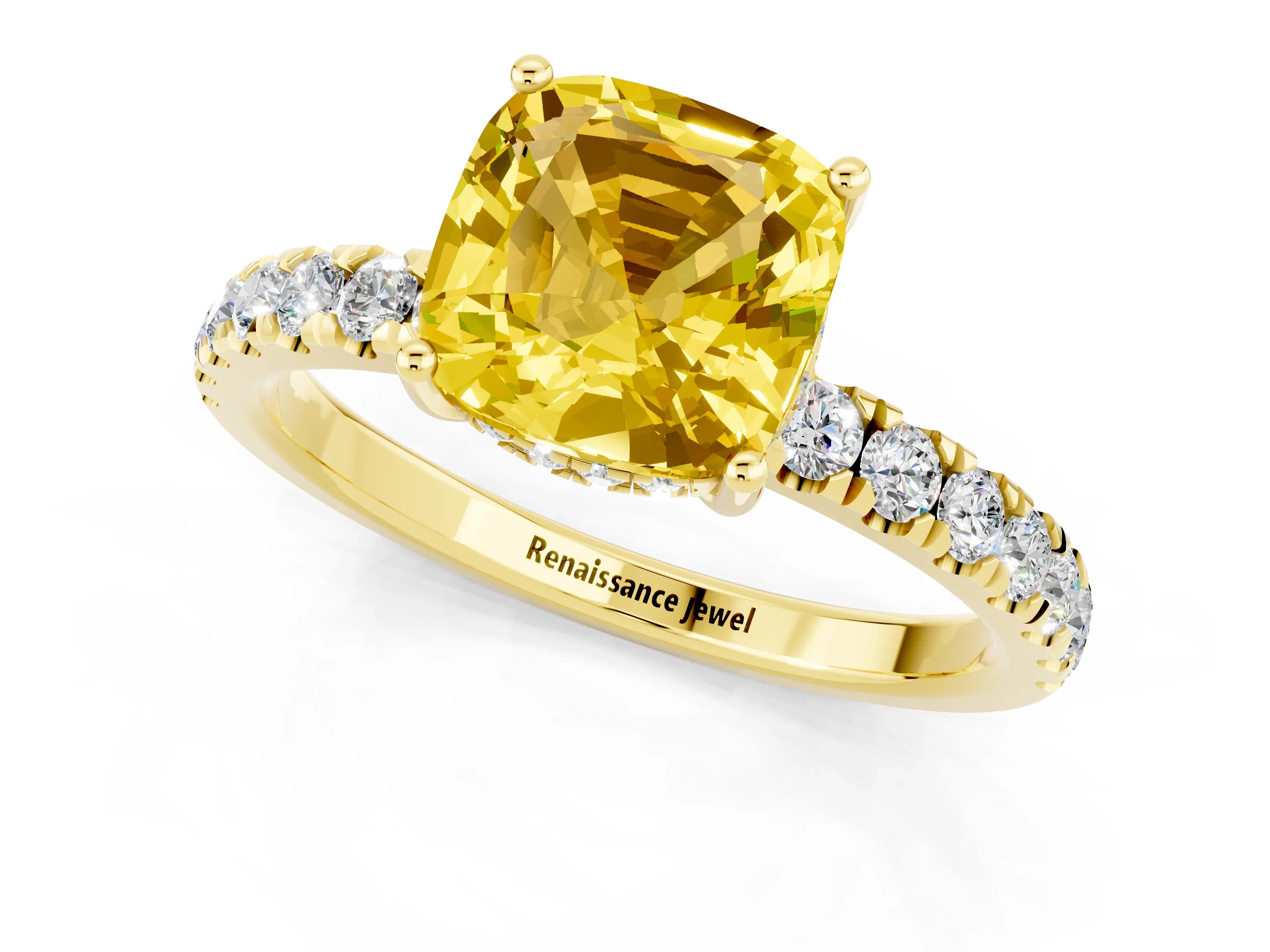 Yellow gold Cushion Cut Yellow Sapphire Pave Band Solitaire Ring with Four-Prong Setting_61
