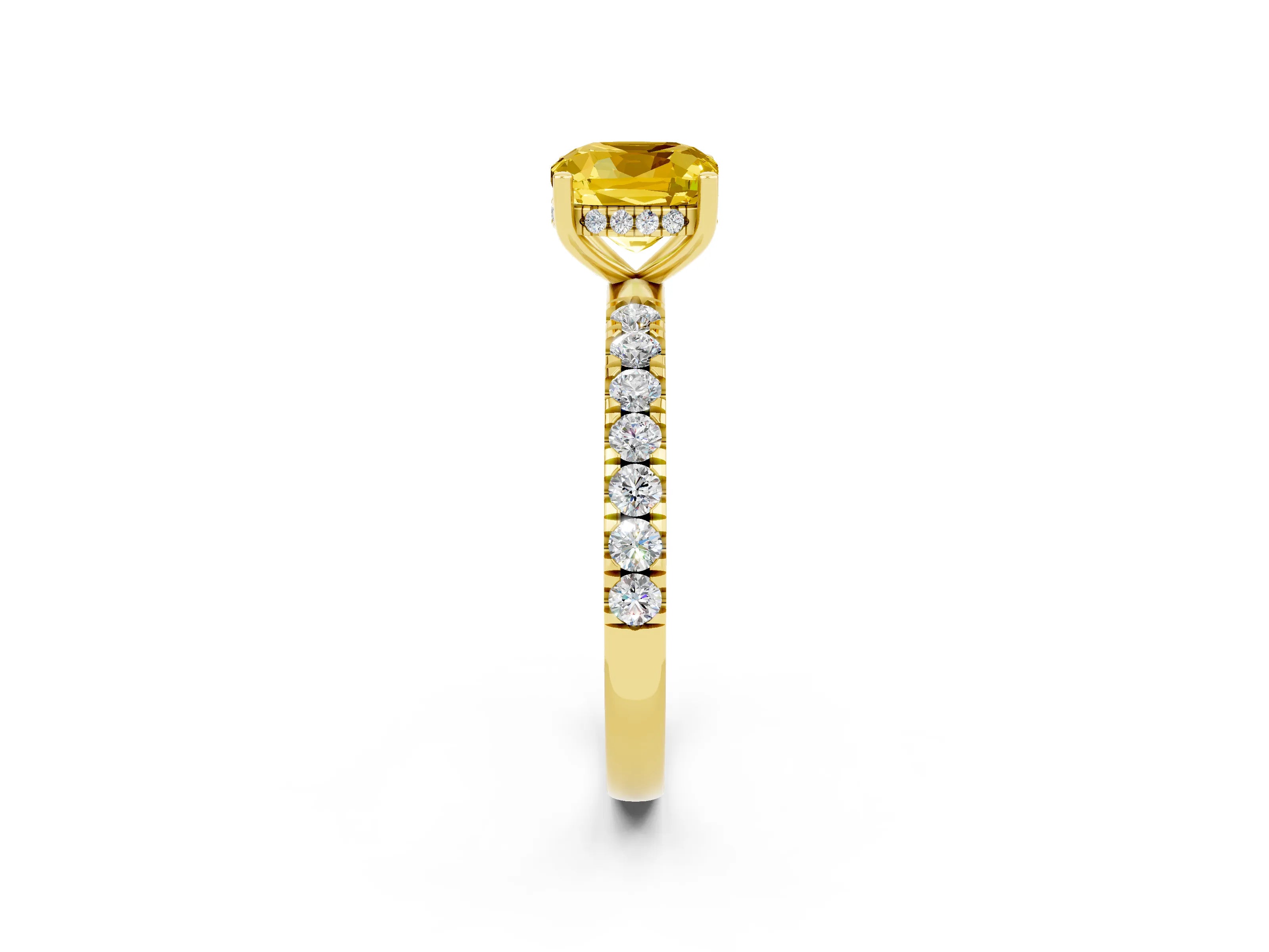 Yellow gold Cushion Cut Yellow Sapphire Pave Band Solitaire Ring with Four-Prong Setting_62