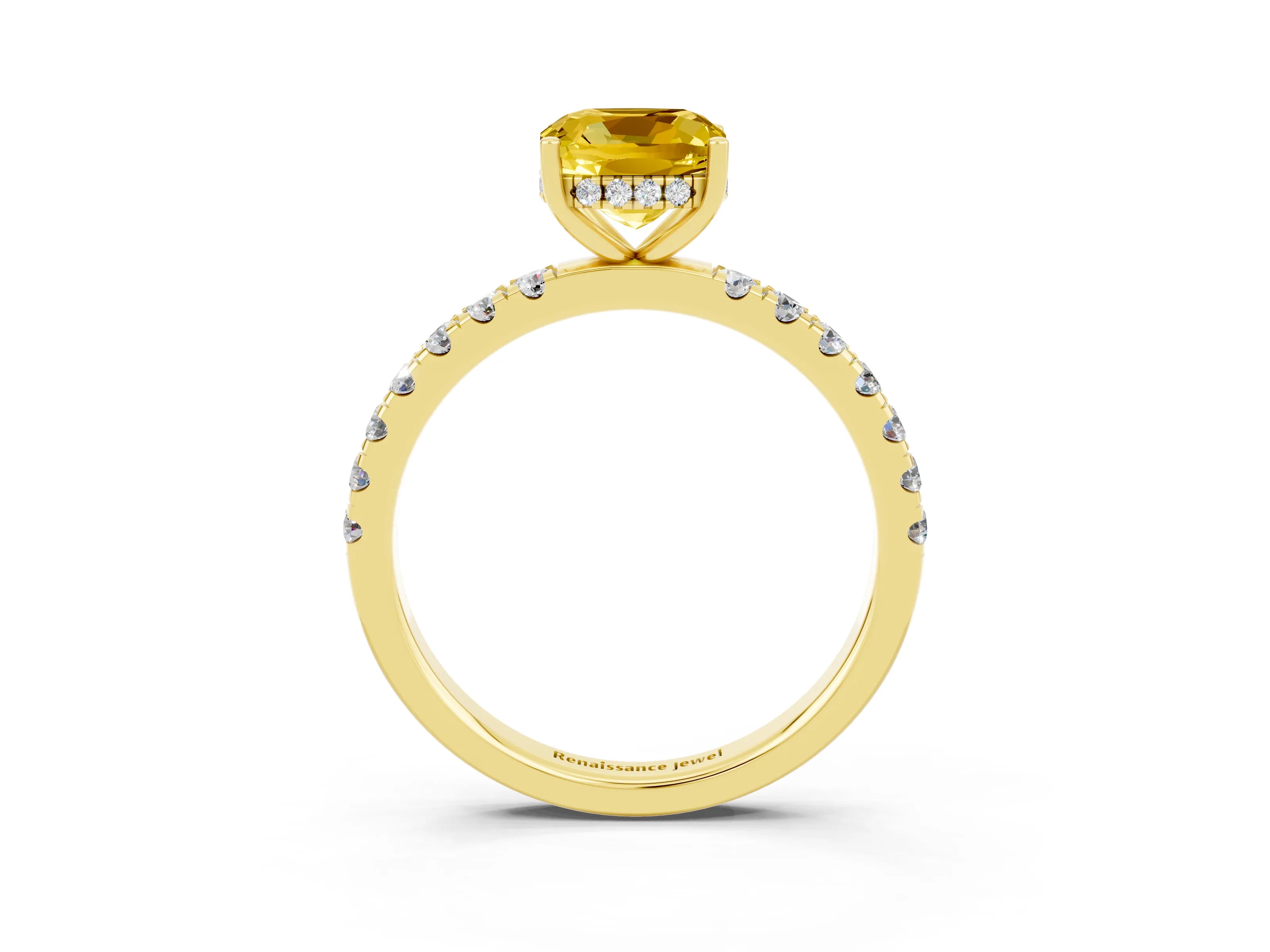 Yellow gold Cushion Cut Yellow Sapphire Pave Band Solitaire Ring with Four-Prong Setting_63