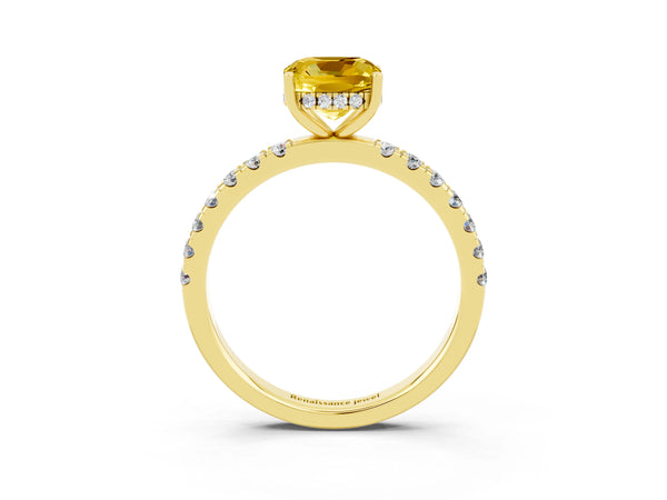 Yellow gold Cushion Cut Yellow Sapphire Pave Band Solitaire Ring with Round  and Prong Setting