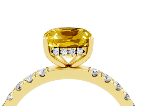 Yellow gold Cushion Cut Yellow Sapphire Pave Band Solitaire Ring with Four-Prong Setting_64
