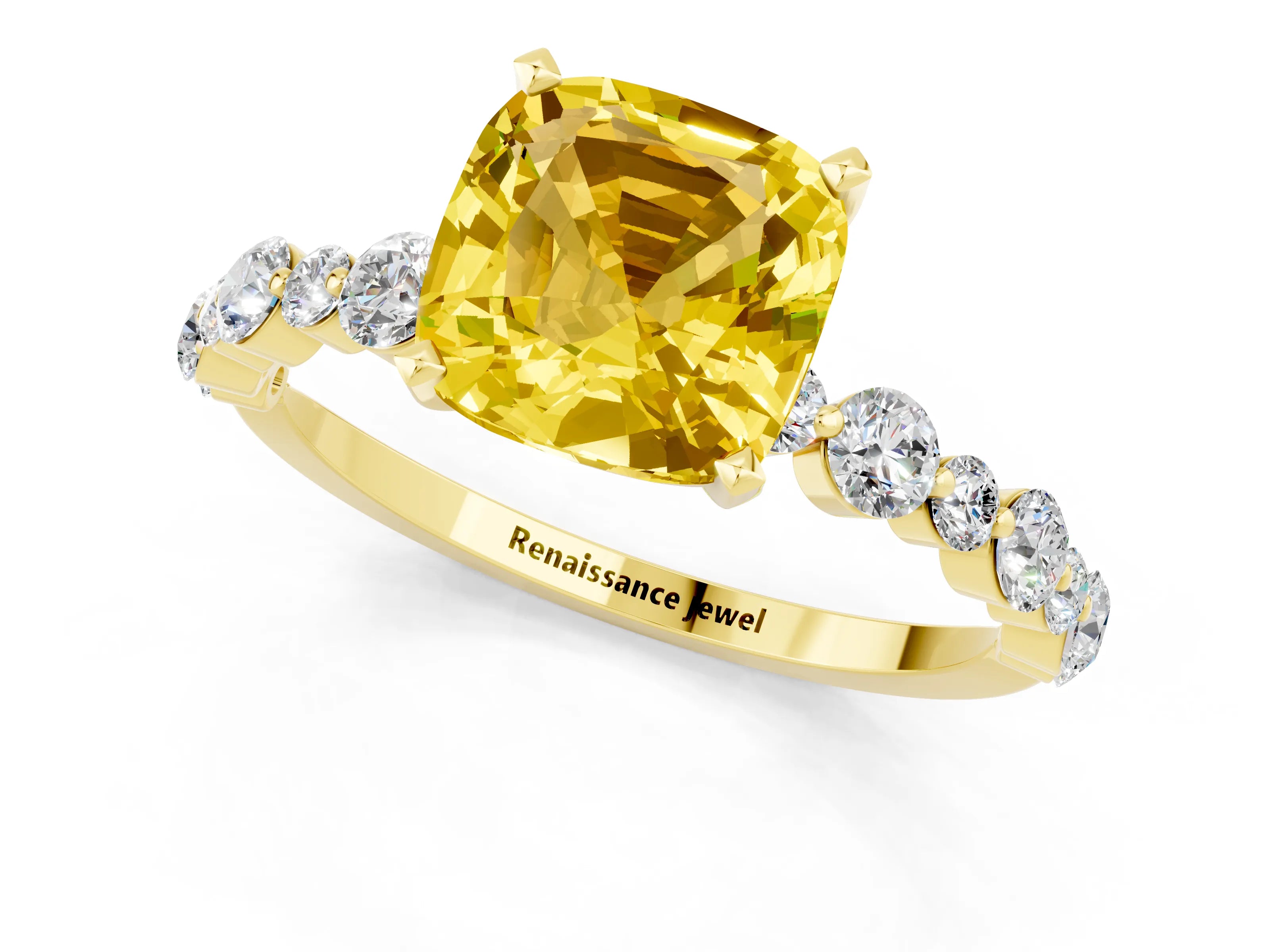 Yellow gold Cushion Cut Yellow Sapphire Prong Set Engagement Ring with Pavé Band_13