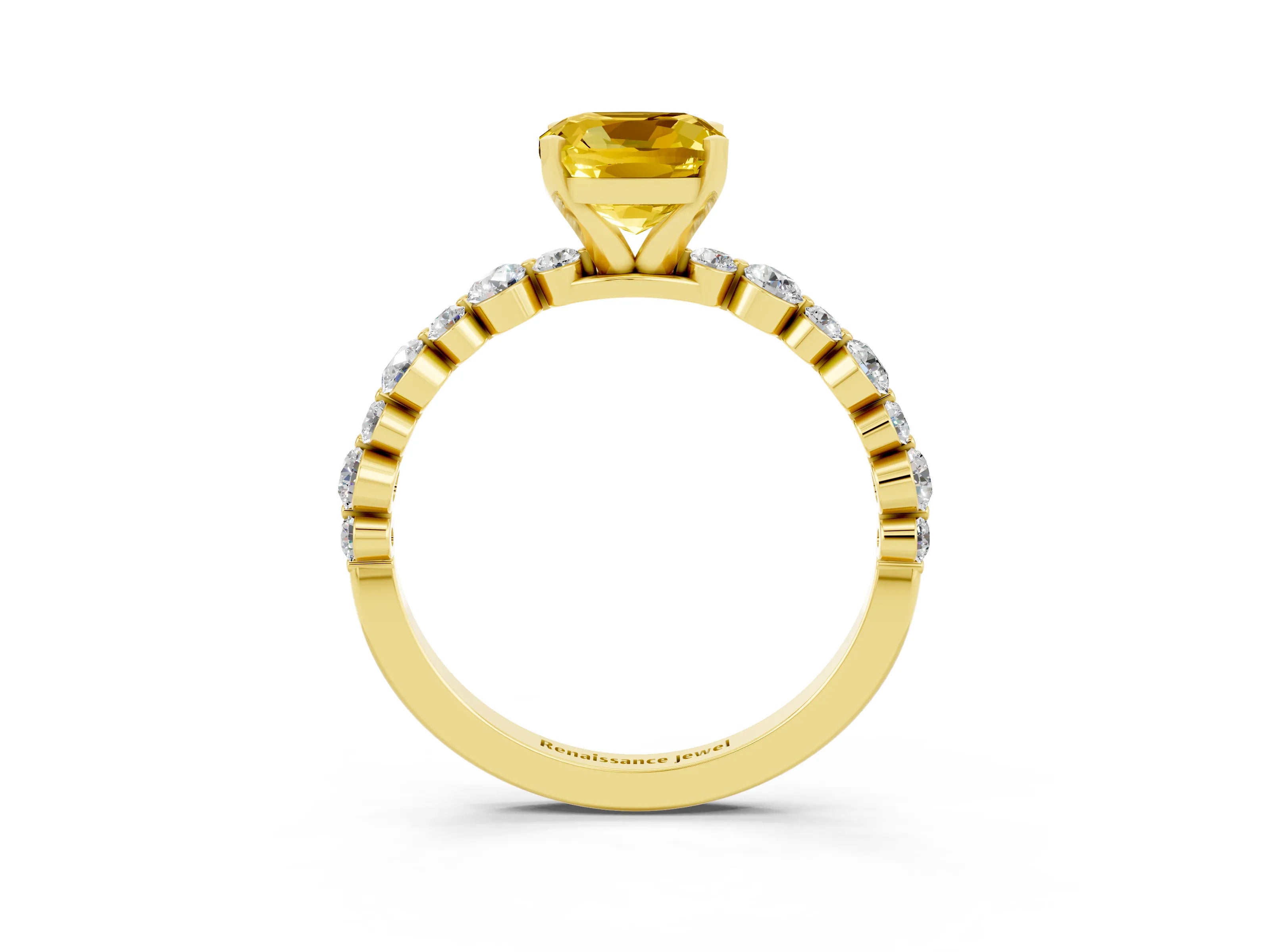 Yellow gold Cushion Cut Yellow Sapphire Prong Set Engagement Ring with Pavé Band_15