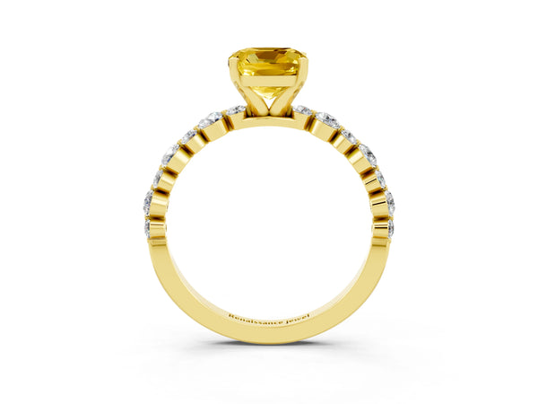 Yellow gold Cushion Cut Yellow Sapphire Prong Set Engagement Ring with Pavé Band