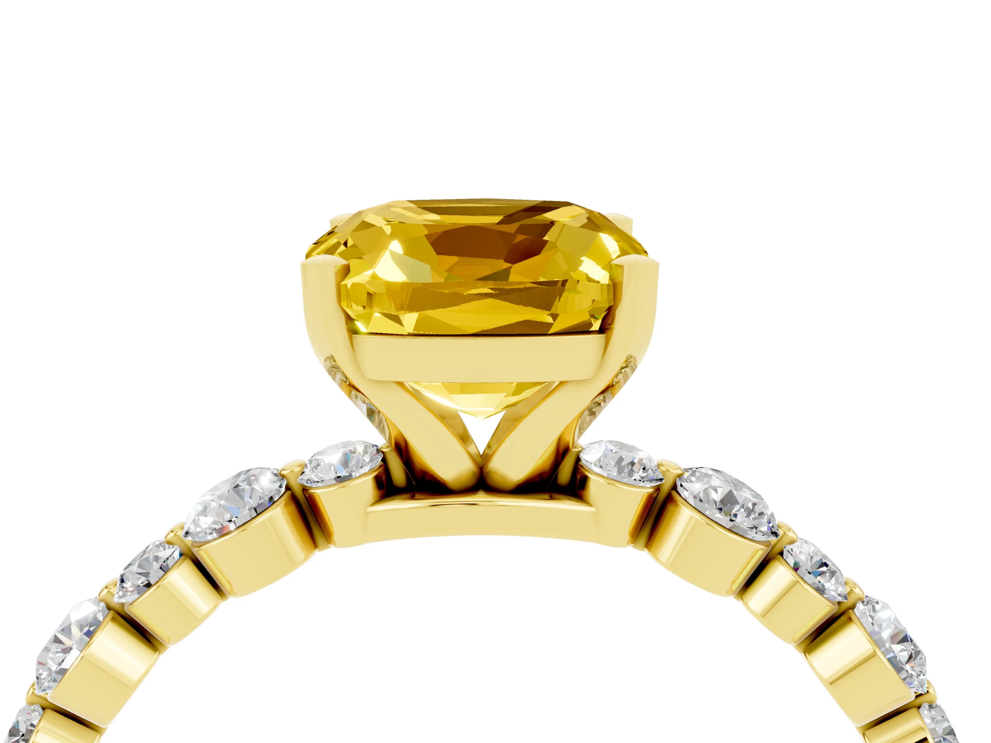 Yellow gold Cushion Cut Yellow Sapphire Prong Set Engagement Ring with Pavé Band_16
