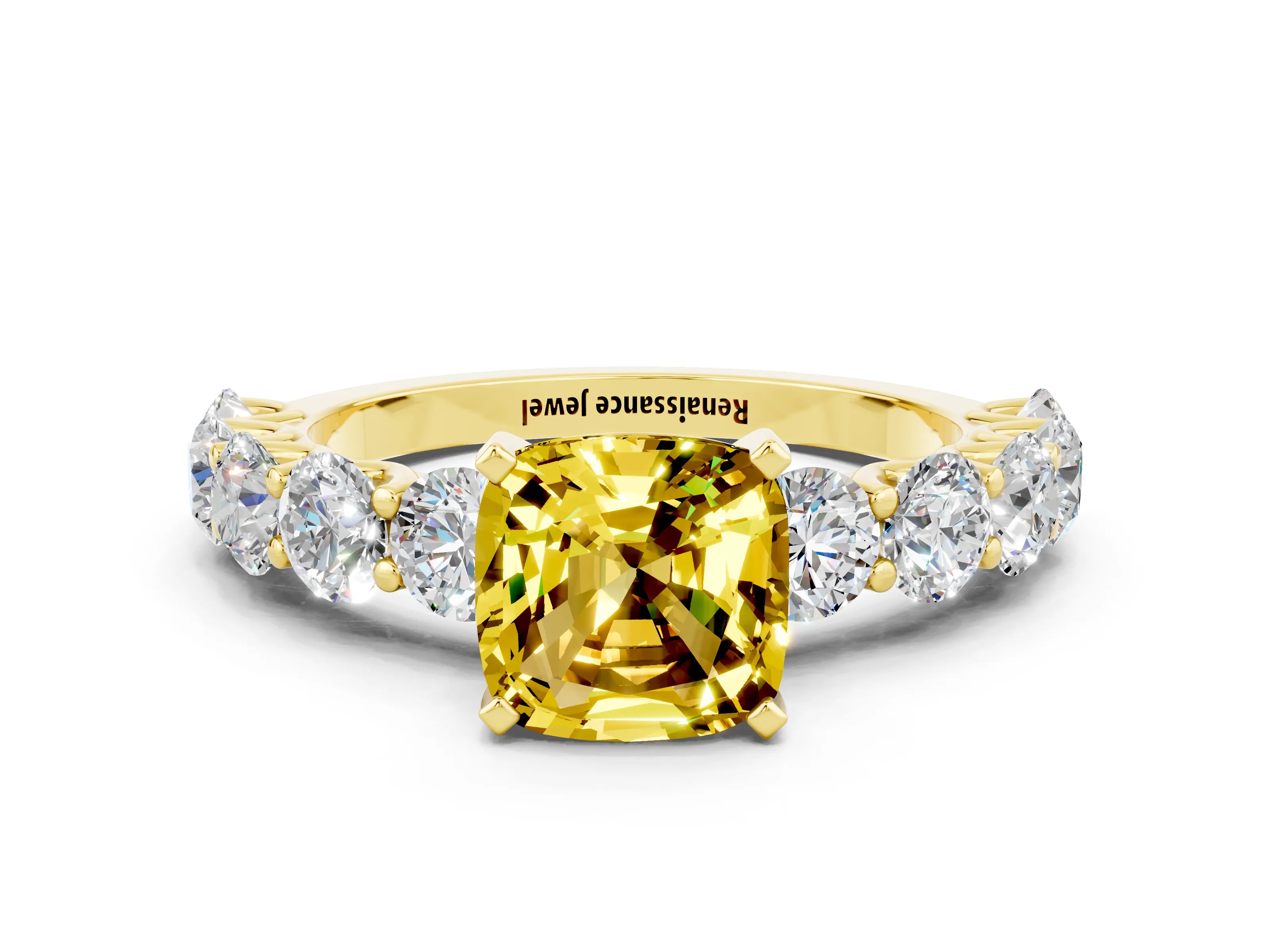 Yellow gold Cushion Cut Yellow Sapphire Prong Setting with Side Stones on a Pave Band_24