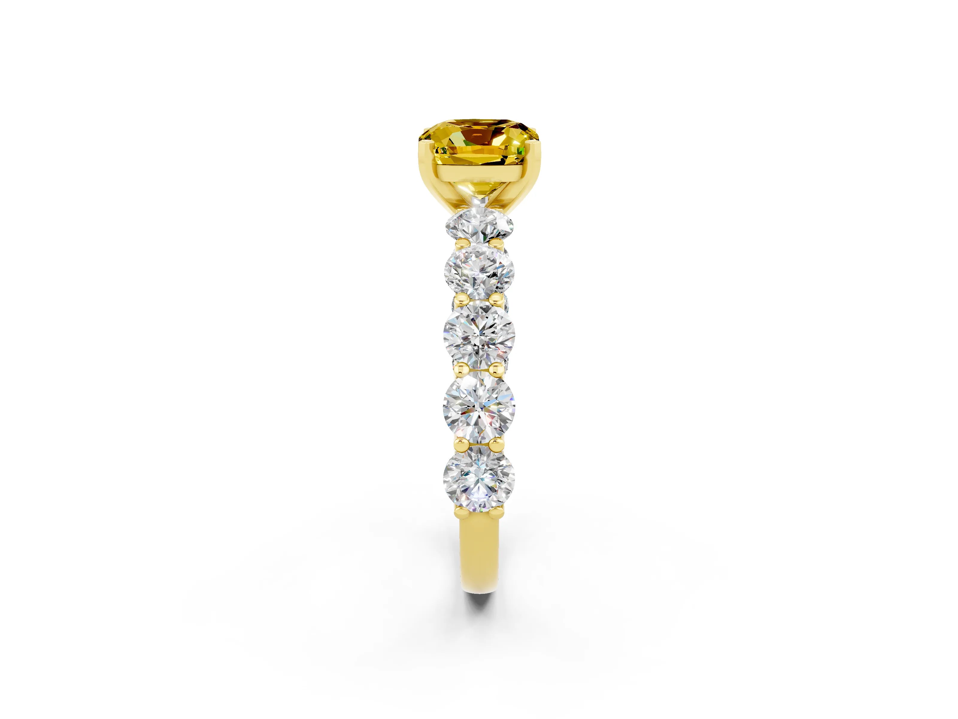 Yellow gold Cushion Cut Yellow Sapphire Prong Setting with Side Stones on a Pave Band_26