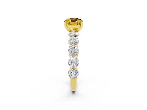 Yellow gold Cushion Cut Yellow Sapphire Prong Setting with Side Stones on a Pave Band_26