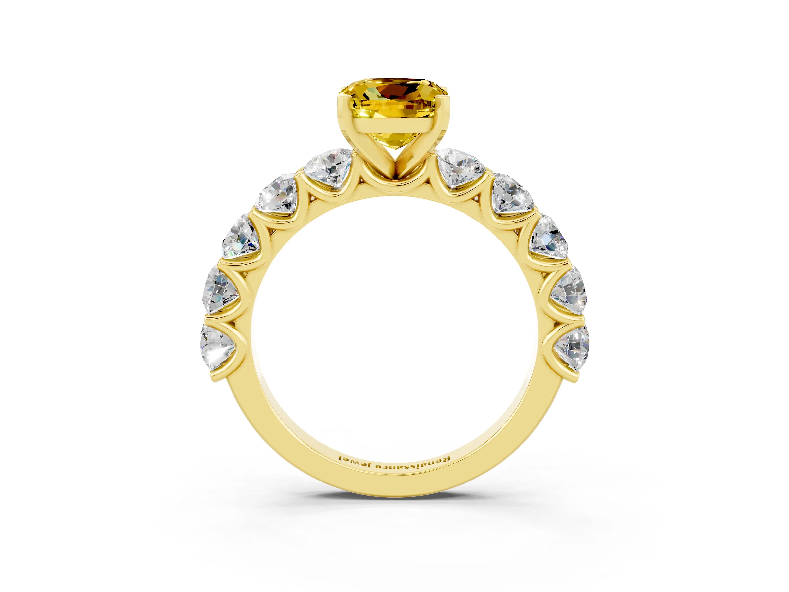 Yellow gold Cushion Cut Yellow Sapphire Prong Setting with Side Stones on a Pave Band_27