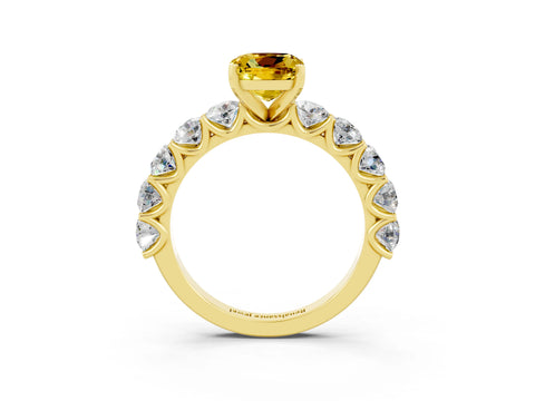 Yellow gold Cushion Cut Yellow Sapphire Prong Setting with Side Stones on a Pave Band_27