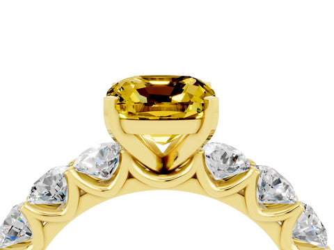Yellow gold Cushion Cut Yellow Sapphire Prong Setting with Side Stones on a Pave Band_28