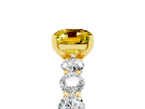 Yellow gold Cushion Cut Yellow Sapphire Prong Setting with Side Stones on a Pave Band_29