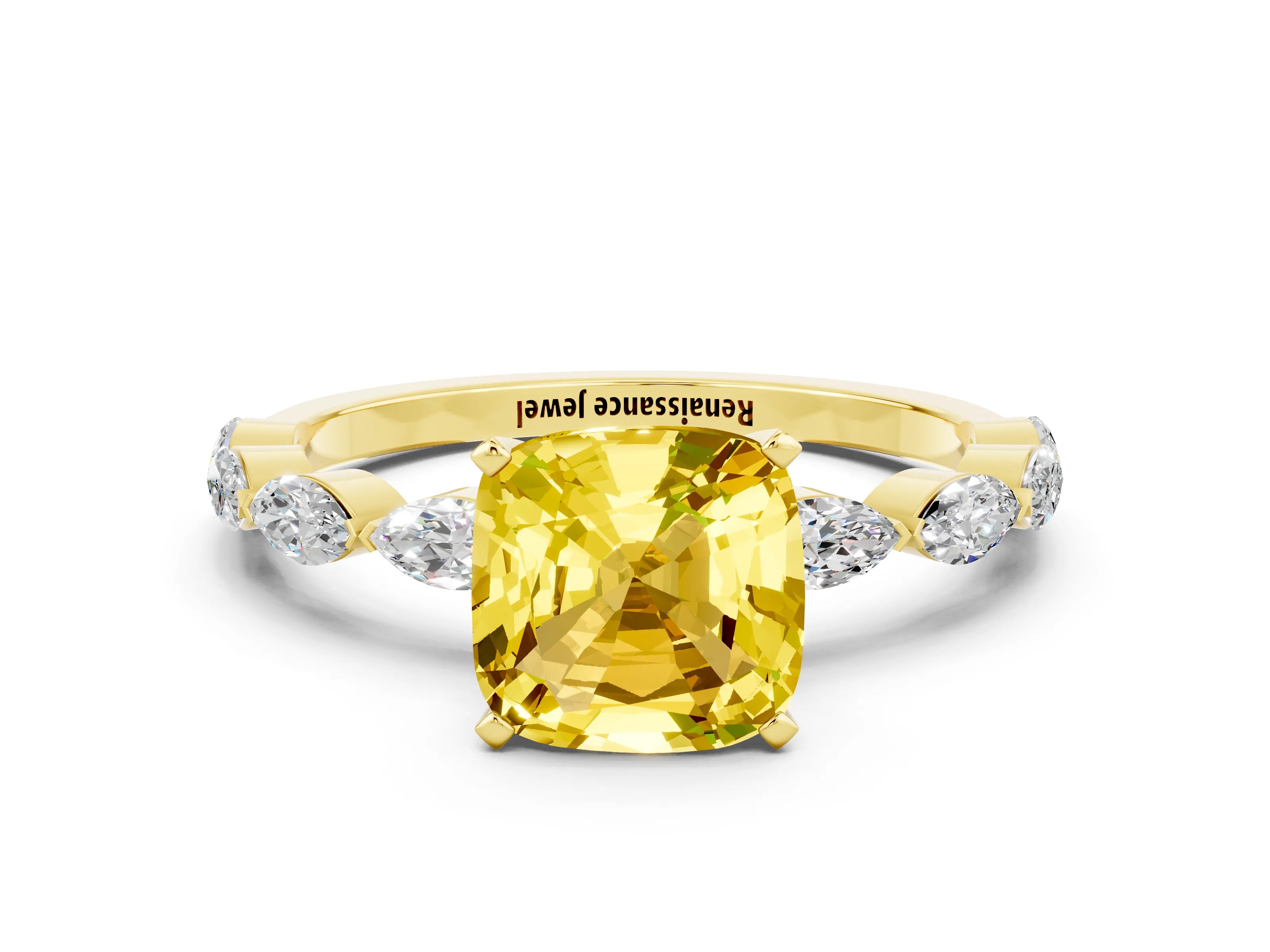 Yellow gold Cushion Cut Yellow Sapphire Ring with Marquise Side Stones and Prong Setting_12