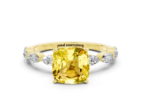 Yellow gold Cushion Cut Yellow Sapphire Ring with Marquise Side Stones and Prong Setting_12