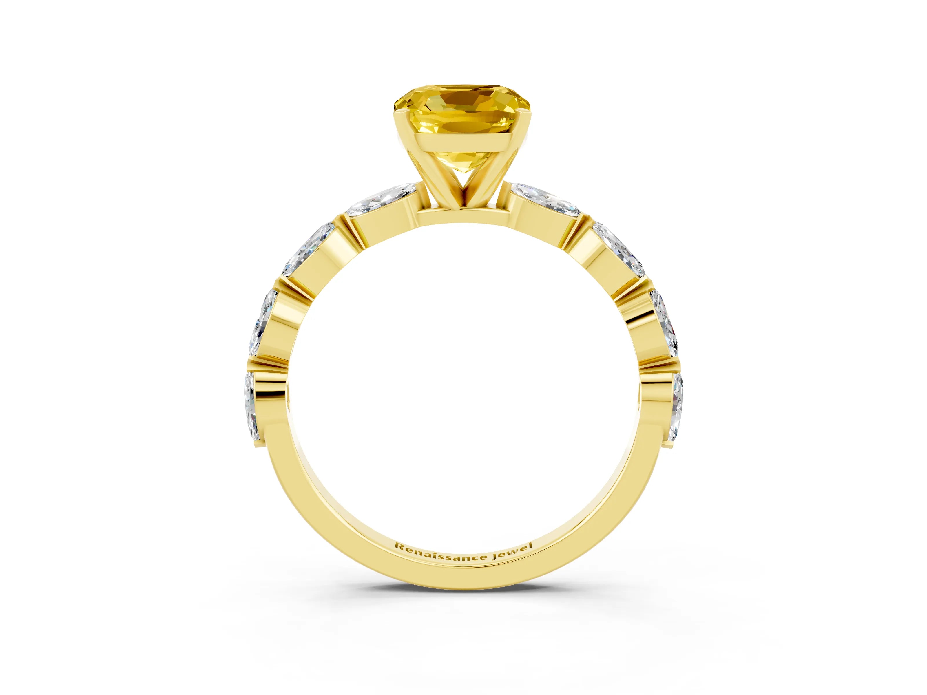 Yellow gold Cushion Cut Yellow Sapphire Ring with Marquise Side Stones and Prong Setting_15
