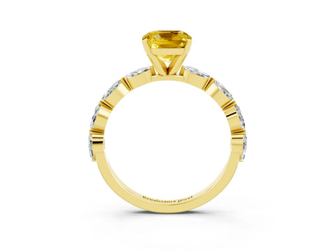 Yellow gold Cushion Cut Yellow Sapphire Ring with Marquise Side Stones and Prong Setting_15